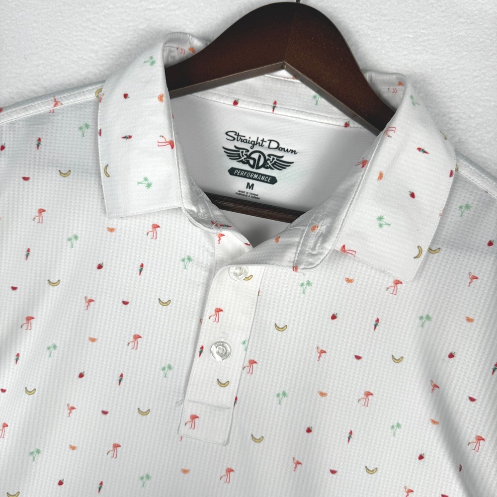 Straight Down Performance Polo Shirt Mens M Flamingo Fruit Palm Tree AOP